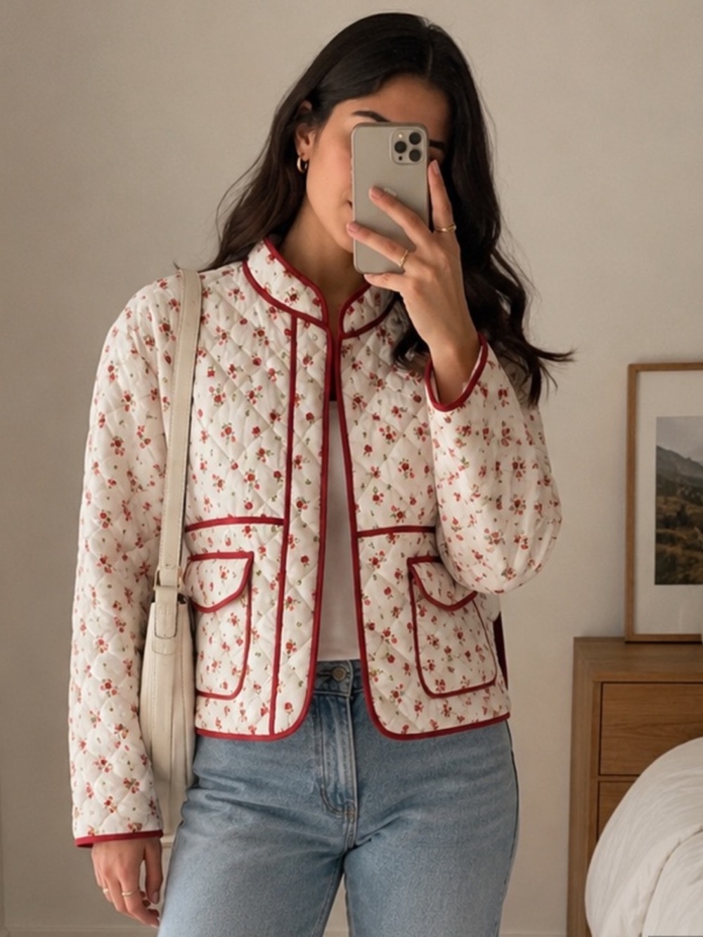 NWOT 7 For All Mankind Quilted Floral Cropped Jacket White Red Trim Size M
